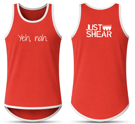 "Yeh, nah." Red | White Trim - Shearing Singlet