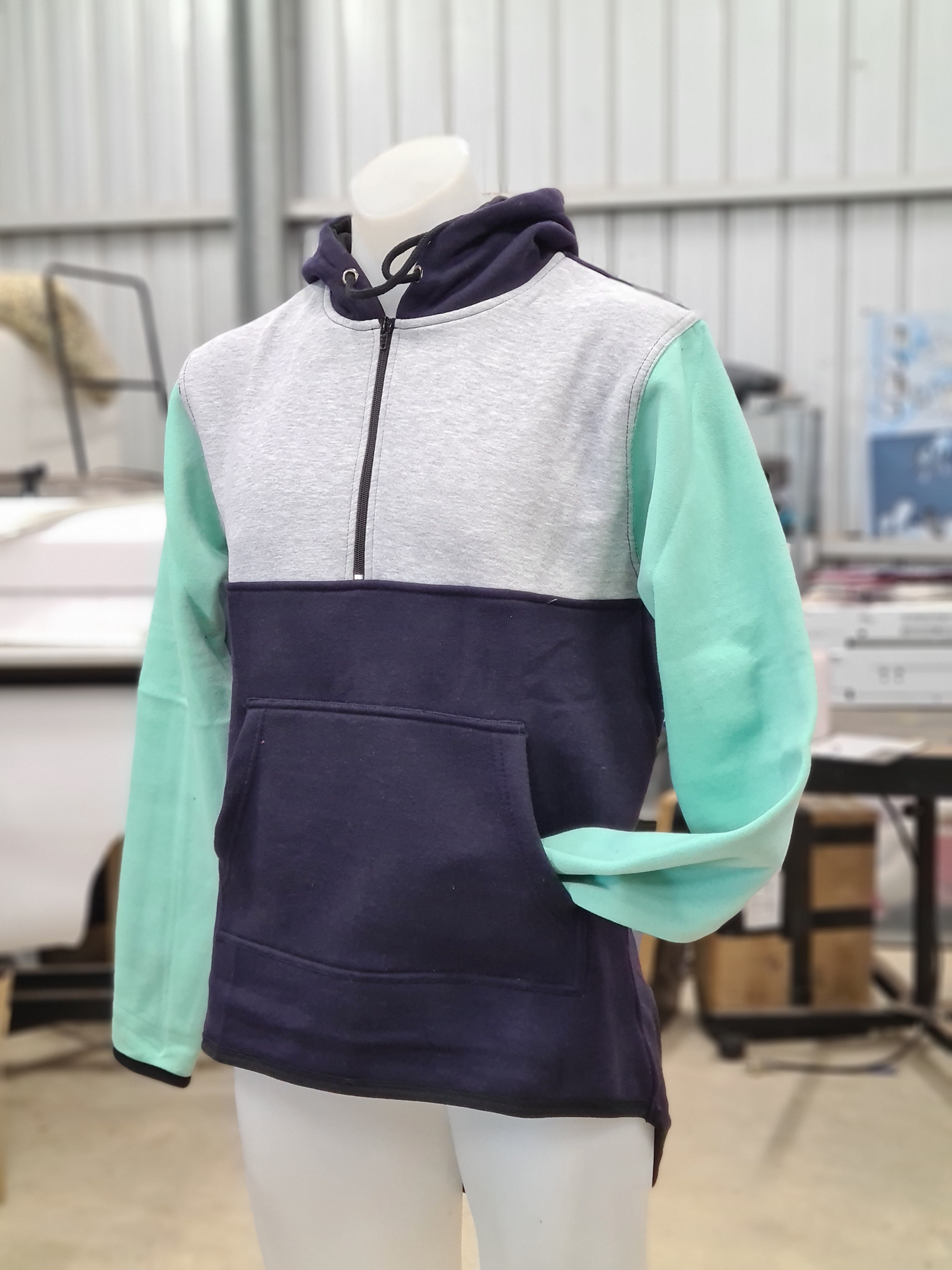 Grey Mint Navy | Half Zip Long Tail Hoody