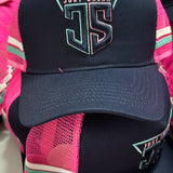 JS | Navy, Pink & Teal High Pony Tail | Embroidered Trucker Cap