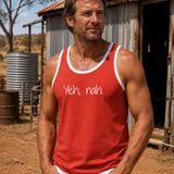 "Yeh, nah." Red | White Trim - Shearing Singlet