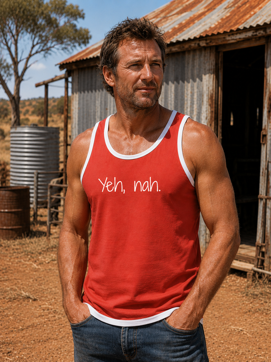 "Yeh, nah." Red | White Trim - Shearing Singlet