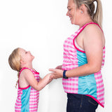 Pink Gingham & Teal Racer Back | Just Shear Sports Performance Singlet