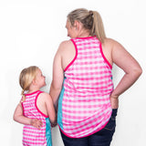 Pink Gingham & Teal Racer Back | Just Shear Sports Performance Singlet