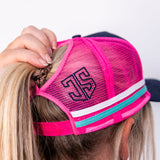 JS | Navy, Pink & Teal High Pony Tail | Embroidered Trucker Cap