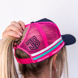 JS | Navy, Pink & Teal High Pony Tail | Embroidered Trucker Cap