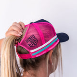 JS | Navy, Pink & Teal High Pony Tail | Embroidered Trucker Cap