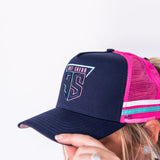 JS | Navy, Pink & Teal High Pony Tail | Embroidered Trucker Cap