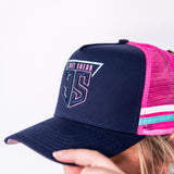 JS | Navy, Pink & Teal High Pony Tail | Embroidered Trucker Cap