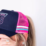 JS | Navy, Pink & Teal High Pony Tail | Embroidered Trucker Cap