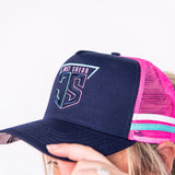 JS | Navy, Pink & Teal High Pony Tail | Embroidered Trucker Cap