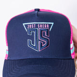 JS | Navy, Pink & Teal High Pony Tail | Embroidered Trucker Cap